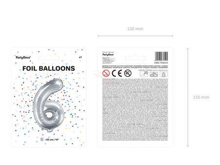 Balon foliowy - Cyfra "6" - Srebrny - 35 cm 